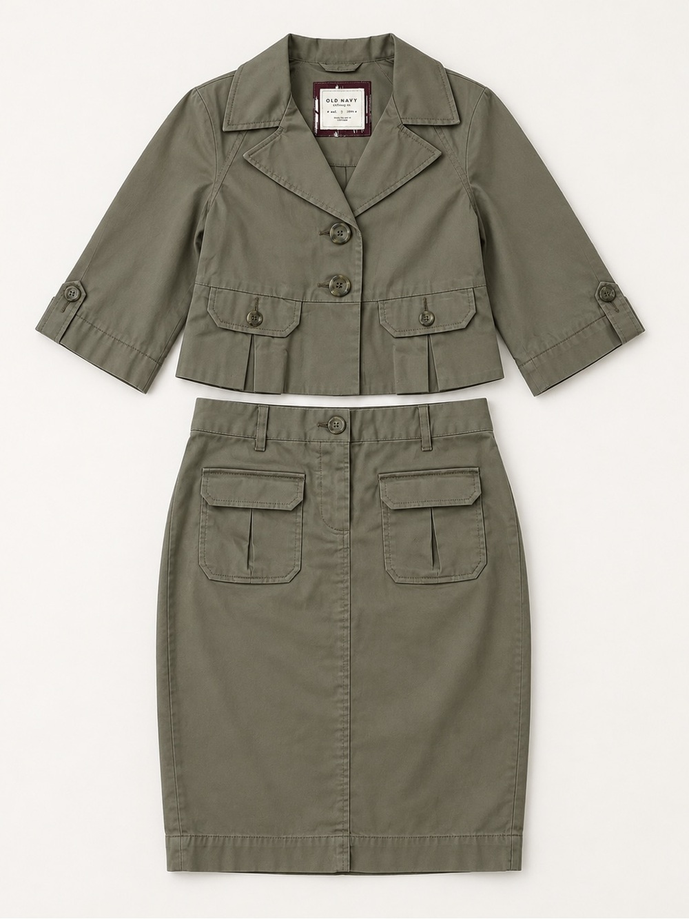 Old Navy Olive Utility Crop Blazer & Pencil Skirt Set